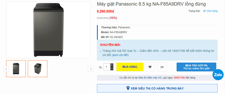 Máy giặt Panasonic NA F85A9DRV với giá bao nhiêu?