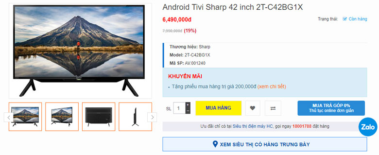 Tivi Sharp 2T C42BG1X được bán với giá bao nhiêu?