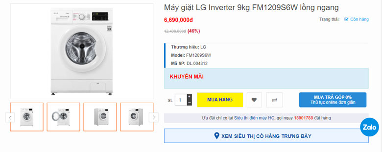 Máy giặt LG 9kg FM1209S6W lồng ngang