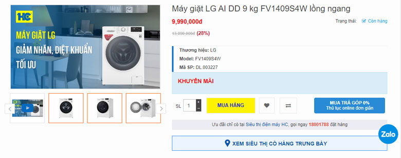 Máy giặt LG cửa ngang 9kg FV1409S4W