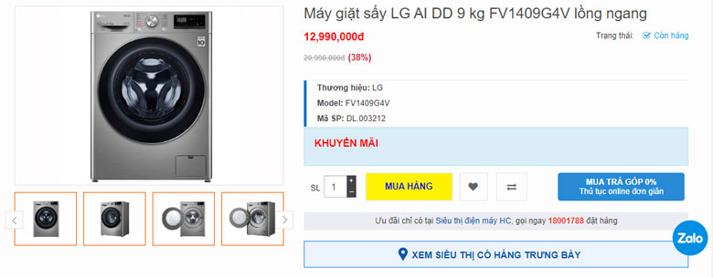 Máy giặt cửa ngang LG 9kg FV1409G4V