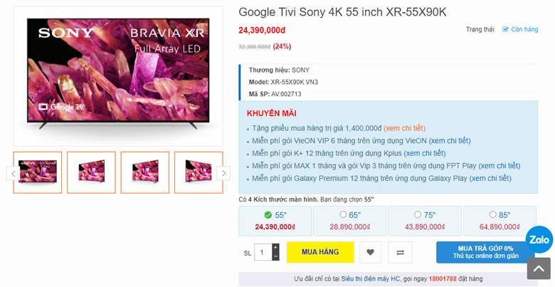 Tivi Sony XR 55X90K được bán với giá bao nhiêu?