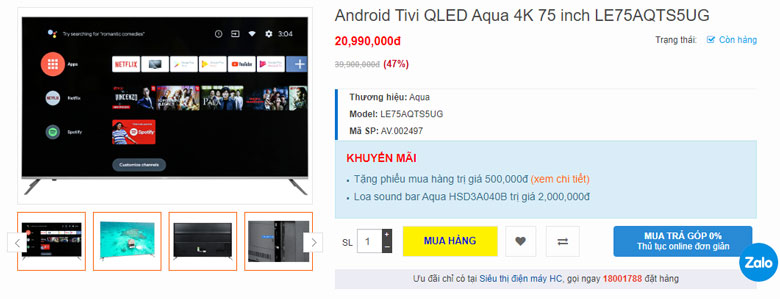 Tivi màn hình lớn 75 inch Aqua LE75AQTS5UG