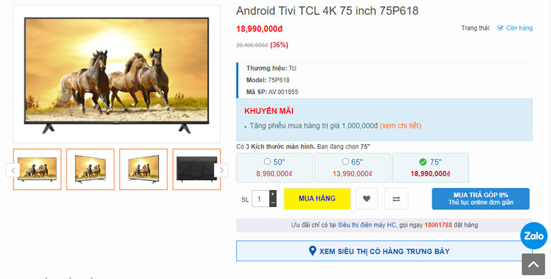 Tivi màn hình lớn 75 inch TCL 75P618