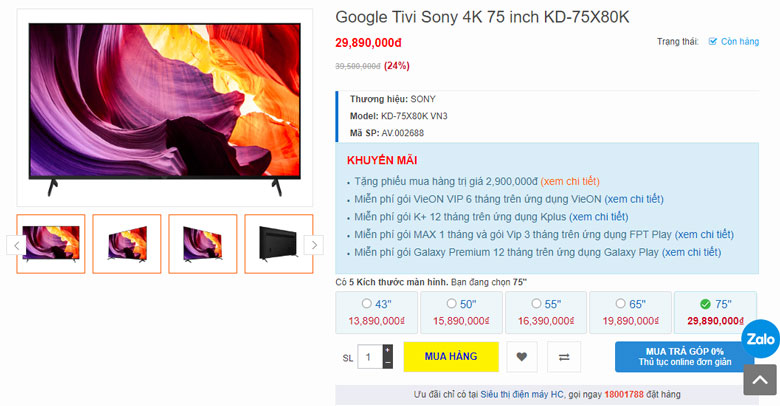 Tivi màn hình lớn 75 inch Sony KD-75X80K