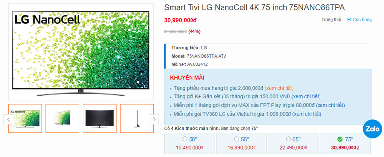 Tivi màn hình lớn 75 inch LG 75NANO86TPA