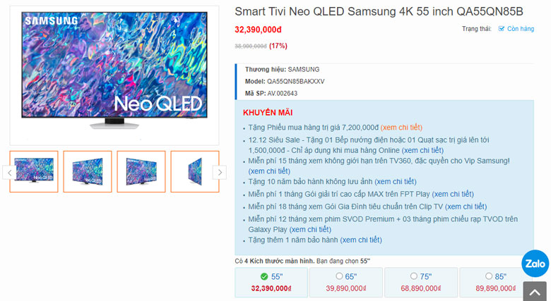 Tivi Samsung 2022 4K 55 inch QA55QN85B