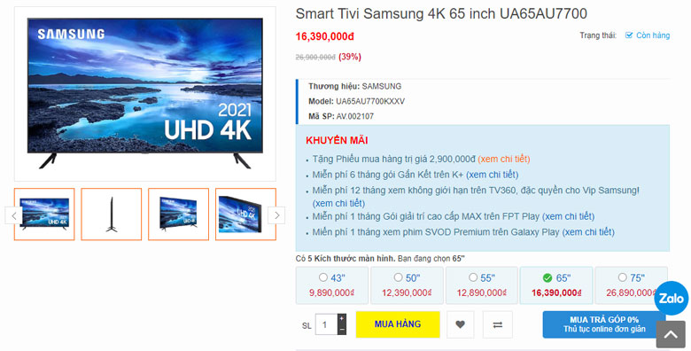 Tivi Samsung UA65AU7700 bán với giá bao nhiêu?