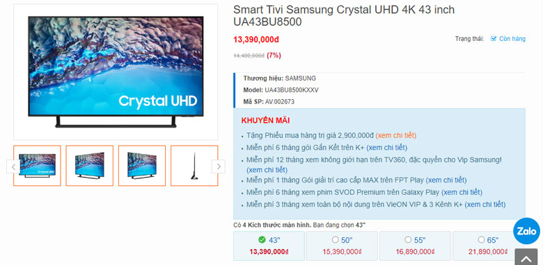 Tivi Samsung Crystal UHD 4K 43 inch UA43BU8500