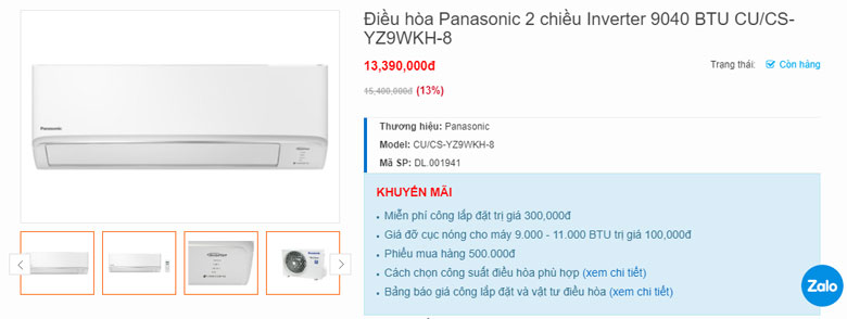 Điều hòa Panasonic 9000 2 chiều gần 9040 BTU CU/CS-YZ9WKH-8