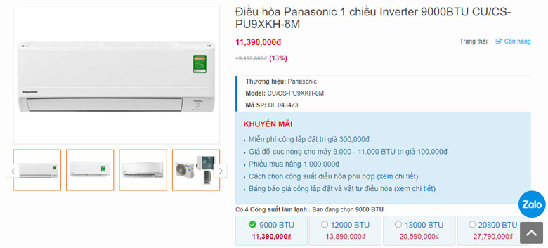 Điều hòa Panasonic 1 chiều Inverter 9000BTU CU CS PU9XKH 8M giá mua hiện nay là bao nhiêu?