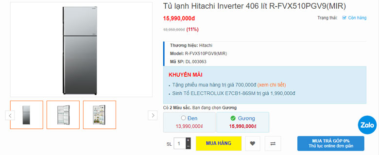 Tủ lạnh Hitachi 406 lít R-FVX510PGV9(MIR)