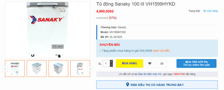 Tủ đông Sanaky 100 lít VH1599HYKD được bán với giá là bao nhiêu?