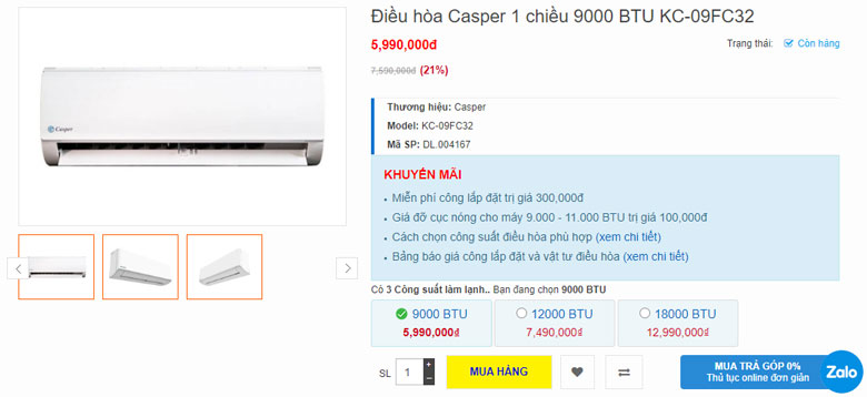 Điều hòa Casper 9000 1 chiều BTU KC-09FC32