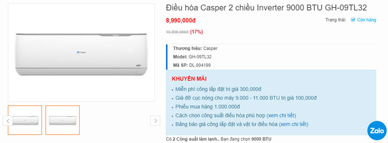 Điều hòa Casper 9000 2 chiều GH-09TL32