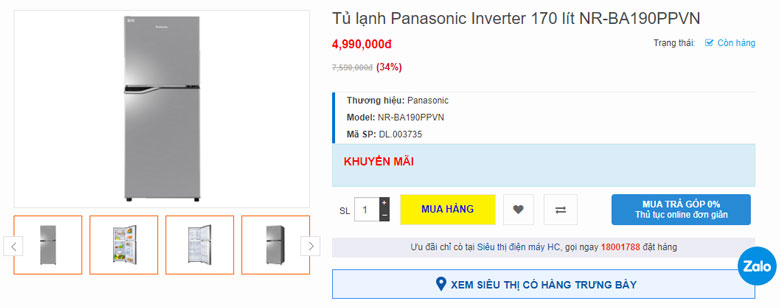 Tủ lạnh Panasonic Inverter 170 lít NR BA190PPVN có giá bao nhiêu?