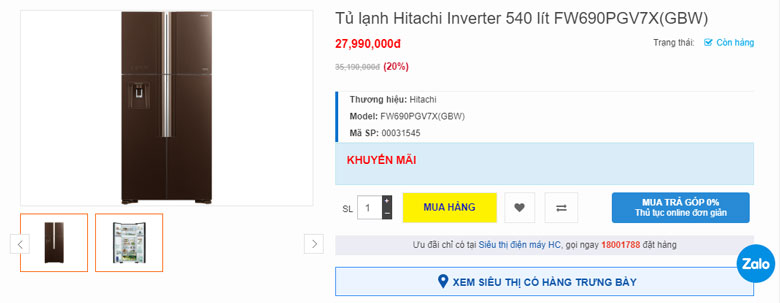 Tủ lạnh Hitachi 540 lít FW690PGV7X(GBW)