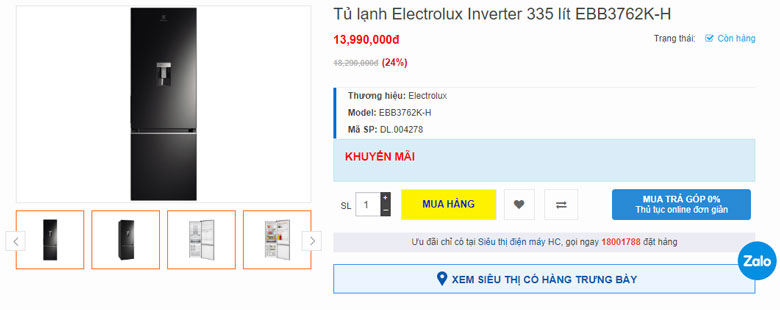 Tủ lạnh Electrolux 335l EBB3762K-H