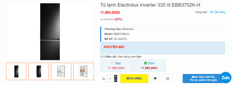 Tủ lạnh Electrolux 335l EBB3702K-H