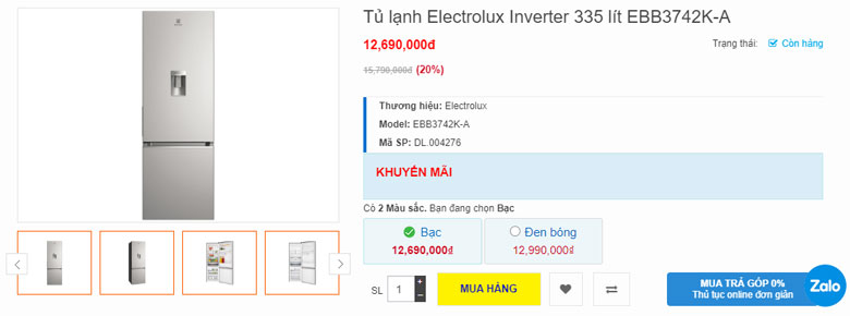 Tủ lạnh Electrolux 335l EBB3742K-A