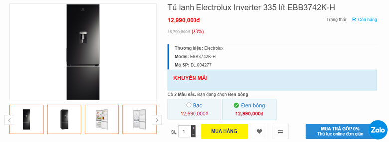 Tủ lạnh Electrolux 335l EBB3742K-H