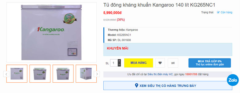 Tủ đông Kangaroo 140 lít KG265NC1 có giá bán bao nhiêu?