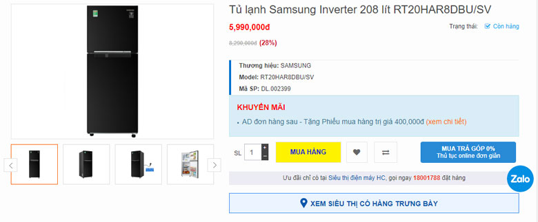 Tủ lạnh Samsung Inverter 208 lít RT20HAR8DBU SV thông tin về giá