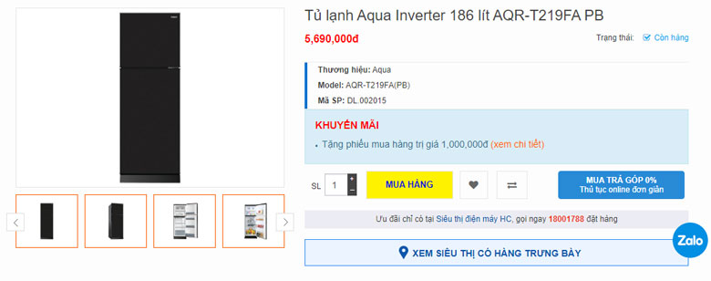 Tủ lạnh Aqua AQR T219FA PB với giá bán là bao nhiêu?