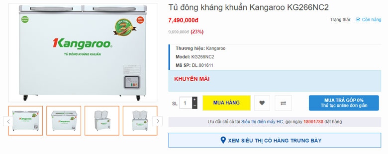 Tủ đông Kangaroo KG266NC2 với giá bán là bao nhiêu? 