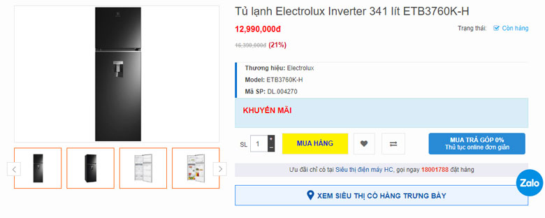 Tủ lạnh Electrolux 341l ETB3760K-H