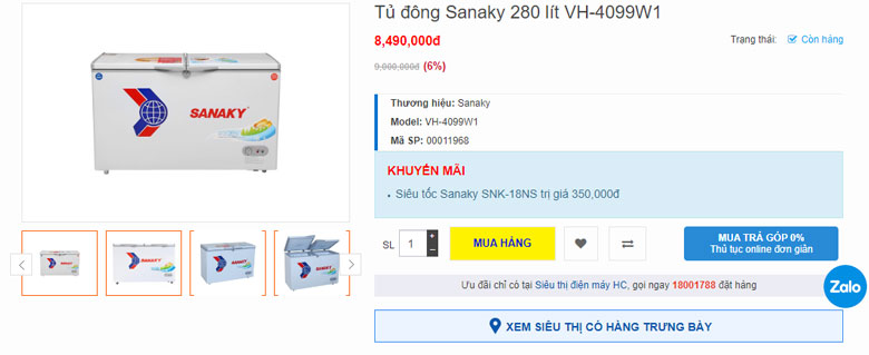 Tủ đông Sanaky VH-4099W1 thông tin về giá
