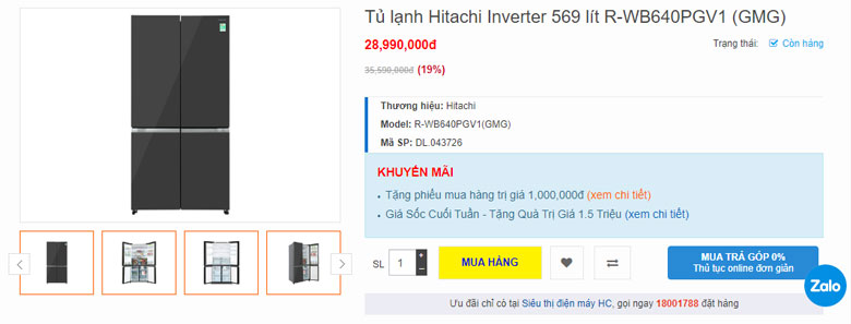 Tủ lạnh Hitachi 4 cánh 569 lít R-WB640PGV1 (GMG)