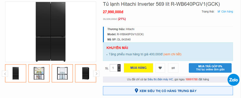 Tủ lạnh Hitachi 4 cánh 569 lít R-WB640PGV1(GCK)