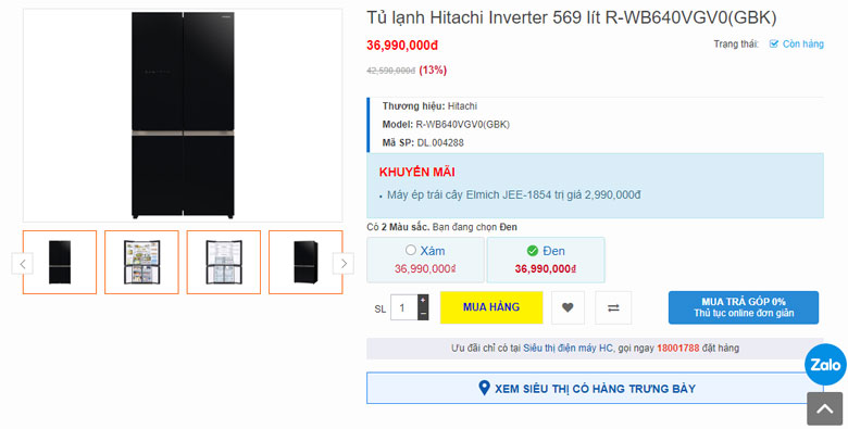 Tủ lạnh Hitachi 4 cánh 569 lít R-WB640VGV0(GBK)