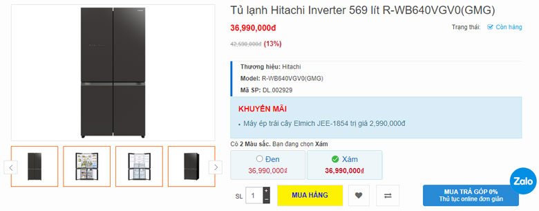 Tủ lạnh Hitachi 4 cánh 569 lít R-WB640VGV0(GMG)