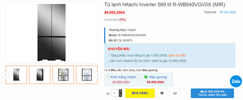 Tủ lạnh Hitachi 4 cánh 569 lít R-WB640VGV0X (MIR)
