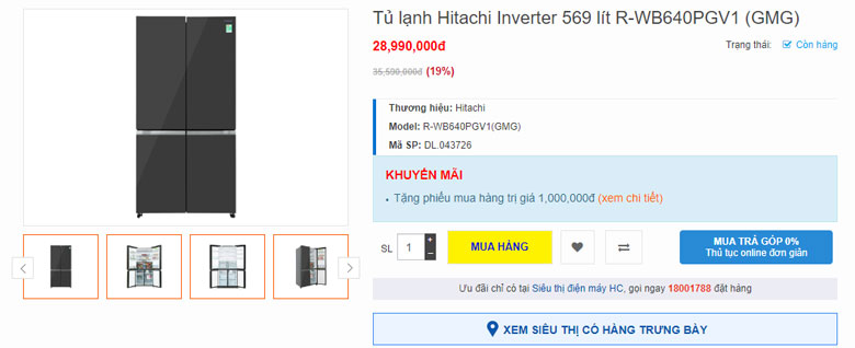 Tủ lạnh Hitachi 569 lít R-WB640PGV1 (GMG)