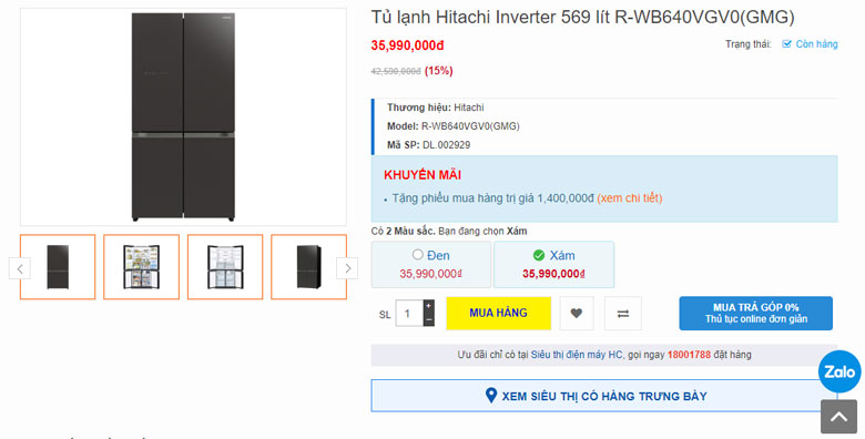 Tủ lạnh Hitachi 569 lít R-WB640VGV0(GMG)