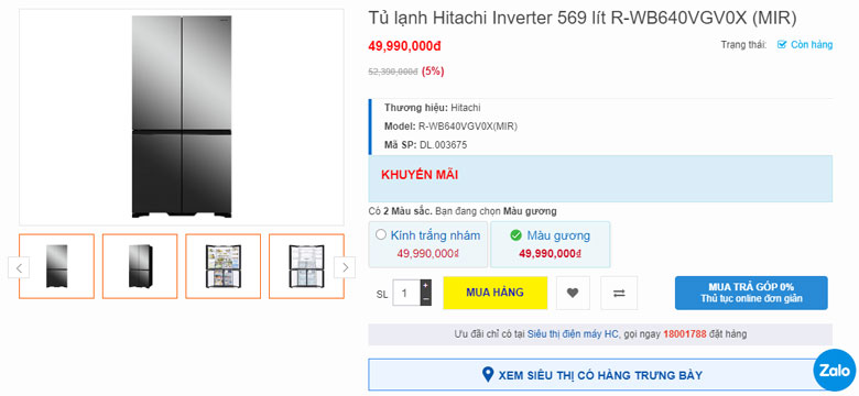 Tủ lạnh Hitachi 569l R-WB640VGV0X (MIR)